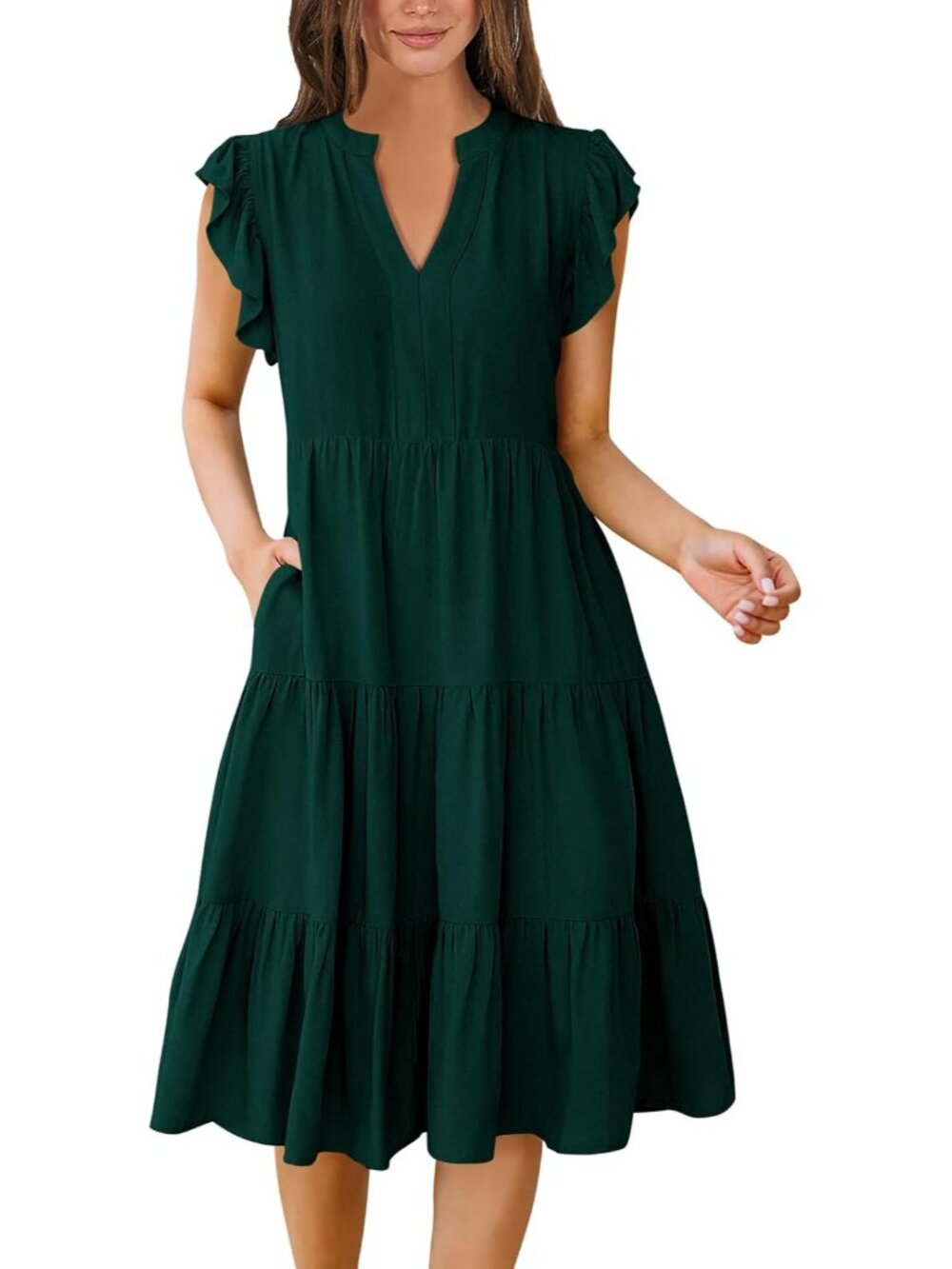 Casual Boho Women's Summer Ruffle Sleeve V-Neck Midi Dress